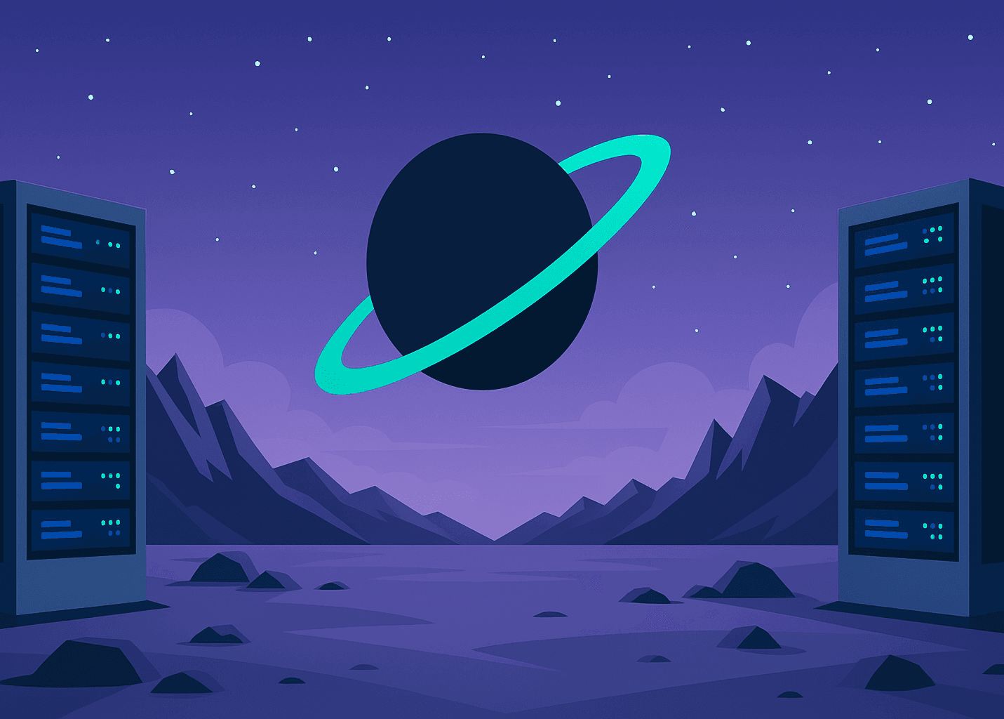Buildfunctions — a ringed planet floating between two server racks on an alien horizon